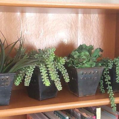 Four Decorative Faux Plants In Metal Pots