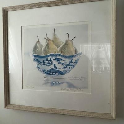 Print of watercolor of pears and blue and white bowl by Mary Whaley Adams 481/950