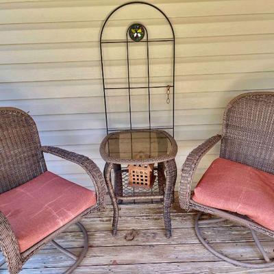 Lot 024-PAT: Patio Furniture Assortment

Includes: 
•	Chaise lounge, synthetic rattan (61”L x 24”W)
•	Pair of swiveling patio chairs,...