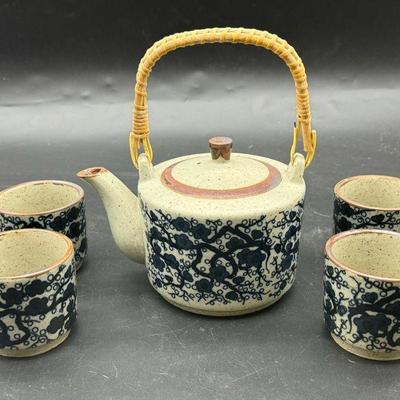 Painted Blue Flower Teapot & (4) Cups
