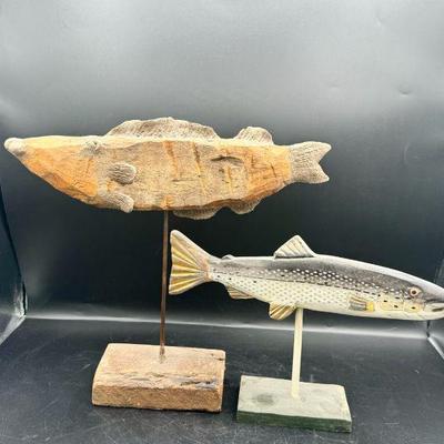 (2) Wooden Fish Sculptures
