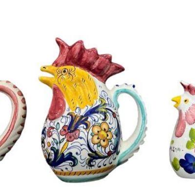 Four Italian Ceramic Rooster Pitchers, DERUTA, G. VIETRI