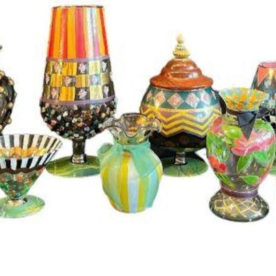 Large Collection MACKENZIE CHILDS Hand Painted Glassware Articles Assortment