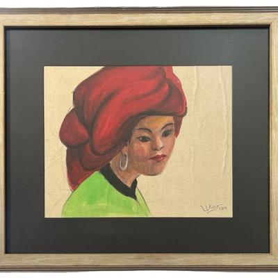 Signed Portrait of a Hue Vietnamese Woman With a Turban