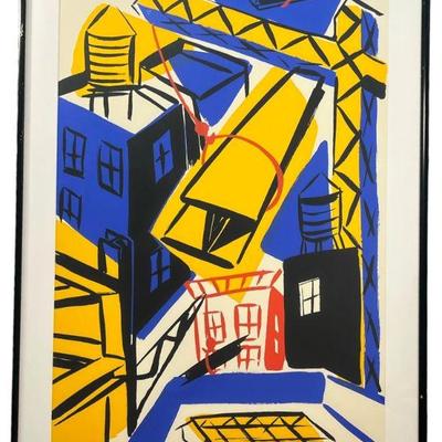 Signed TOM SLAUGHTER "Construction Work" Modern Art Serigraph, Gallery Collection