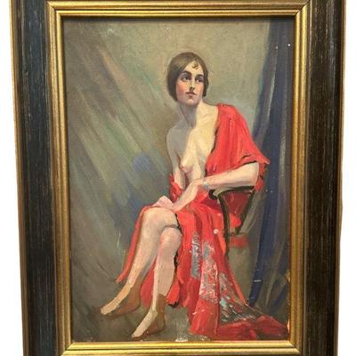 Oil Painting of Art Deco Nude Woman in Shawl