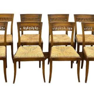 10 Greek Key Pattern Wood and Rush Chairs