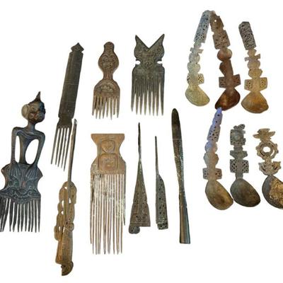 Collection Carved Wood and Bone Combs, Timor Spoons