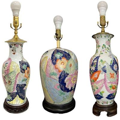 Three Vintage Chinese Tobacco Leaf Table Lamps