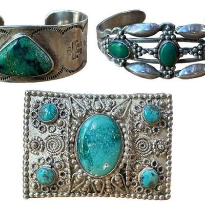 Southwestern Sterling Silver and Turquoise Cuff Bracelets & Brooch Pendant