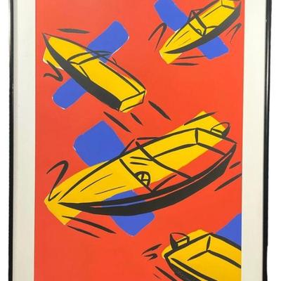Signed TOM SLAUGHTER "Boats" Modern Art Serigraph, Gallery Collection