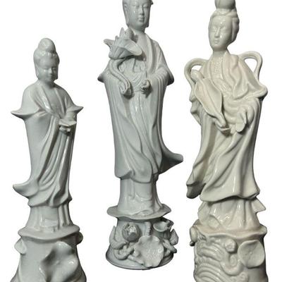 Three Porcelain Blanc De Chine Geisha Statues