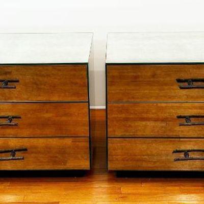 An Exceptional Pair of Mirrored Night Stands with Metal Branch Pulls