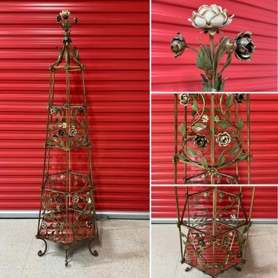 Romantic Italian Sculpted Floral Metal Decorative Curio Shelf. This gorgeous piece features four hexagonal shelf levels, the bottom....