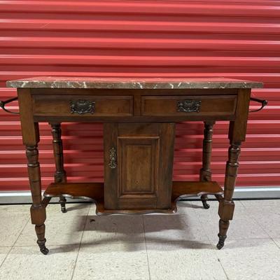 Antique Marble Top Wash Stand, Perfect to Purpose as a Bar. Gorgeous marble top, two drawers, a cabinet with shelves on either side  and...