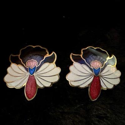 Vintage Cloisonné Orchid Earrings

