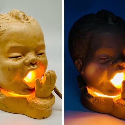 Vintage Lighted Chalkware Sleepy Baby Night Light
