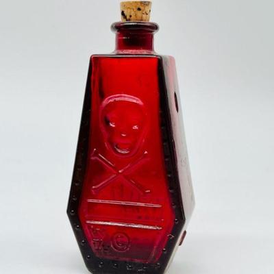Rare 1970’s Wheaton Skull & Crossbones RIP Coffin Poison Bottle, Red
