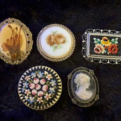 (4) Vintage Brooches & Scarf Clip: Embroidered, Mosaic, Cameo, West Germany
