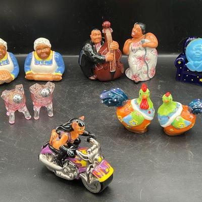 (6) Complete Sets of Salt & Pepper Shakers feat. Clay Art Chickens & Motorcycle
