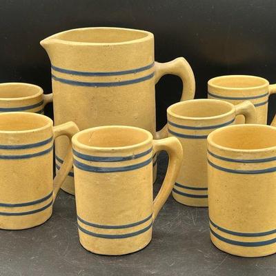 Vintage Morton Pottery 100% Buckeye Pure Yellow Ware Pitcher & (6) Pint Mugs
