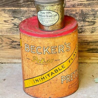 Becker's Pet-So Pretzels & Swins Silver Leaf Brand Lard Tins
