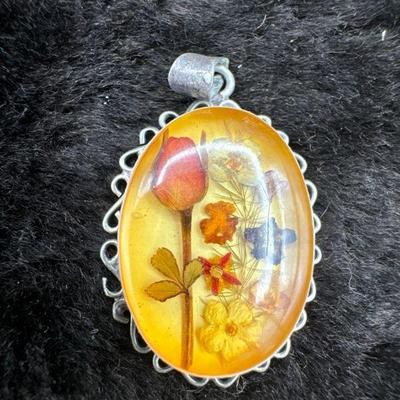 Vintage Preserved Flower Stamped “925” Pendant
