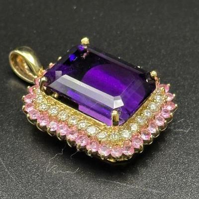 Amethyst, diamonds and pink sapphire pendant on 14k gold setting