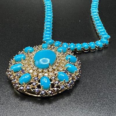 Turquoise, diamonds and sapphires on 14k gold setting
