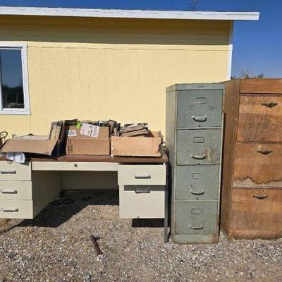 #1104 • Metal Desk with Wooden top Metal Filing Cabinet Wooden Filing Cabinet and 3 Boxes of Operating Manuals
