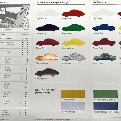 Porsche 1972 Color Chart 914 & 911 Coupe & Targa
