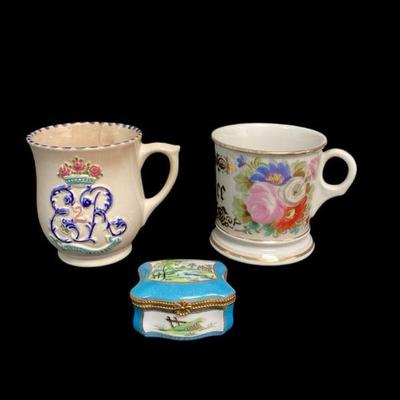 ROHU516 Vintage Mugs And Limoges Trinket Box	Queen Elizabeth II coronation mug from 1953 Honiton, East Devon (some crazing and stains)....