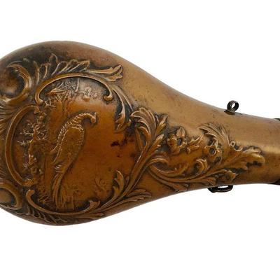 SAAL608 1800’s Copper Hunting Powder Flask	This lot includes an 1800's copper hunting powder flask, possibly brish, that has relief...