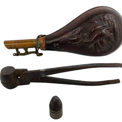 SAAL607 Civil War Era Collection	This lot includes civil war era leather, and brass powder flask, with a musket ball mold. The flask...