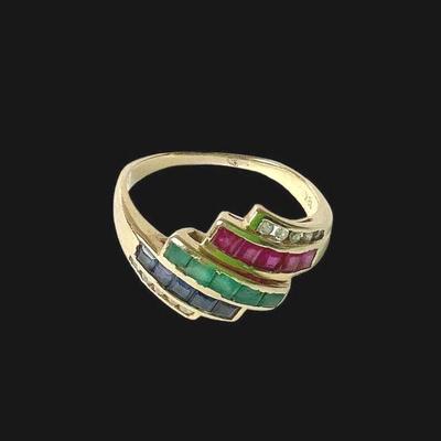 LYZE221 18k Gold & Precious Stones, Ladies Ring	Size 6 18k diamond, Ruby, Emerald and Sapphire ring.
