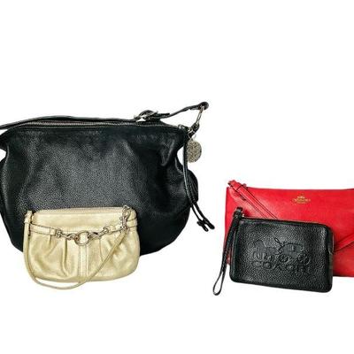 KAAR234 Coach Purse & Wristlets	Black leather Coach purse, interior needs cleaning. Red wristlet with strap made out of leather. Two...