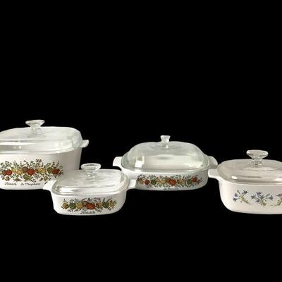 SAAL214 Vintage Corningware Casserole Lidded Dishes	Set of 3 Pyrex "Spice of Life" casserole dishes. All have their lids.
