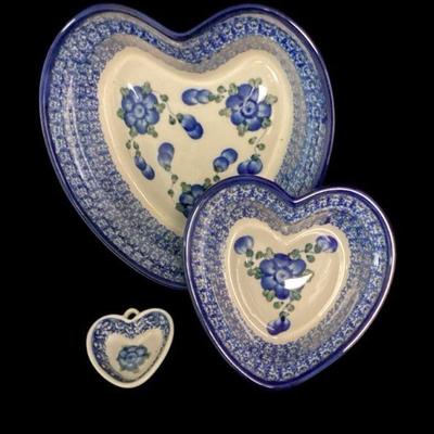 ROHU514 Trio Of Polish Pottery Hearts	Three Polish pottery heart forms with wall hook loops. Large - 8" wide x 2.5" deep;...