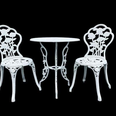 ROMA802 Iron English Garden Trio	Set of white iron English garden table and chairs. Table measures approximately 26" tall and...