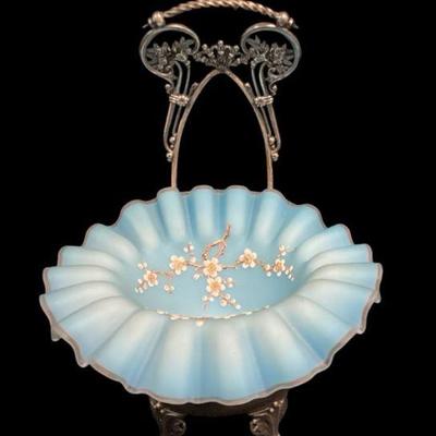 ROHU515 Victorian Bride’s Basket	Blue and white milk glass with hand-painted cherry blossoms. Stand is a little wobbly and has been...