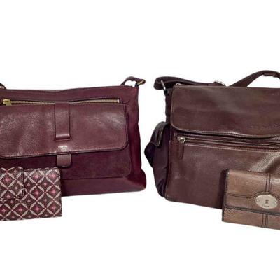 KAAR520 Selection Of FOSSIL Bags And Wallets	Dark brown messenger style bag, leather and canvas, with side pockets for phone/sunglasses....