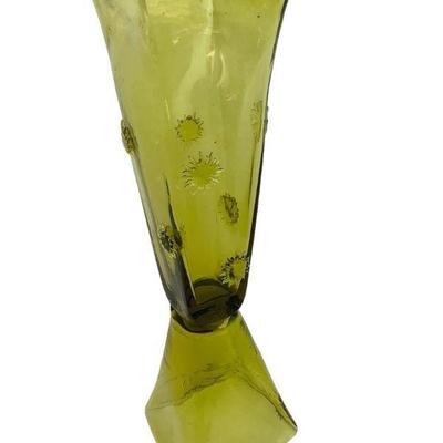 DEJE610 MCM Handcrafted Vase	This lot includes a dark yellow MCM handcrafted vase with flower or sun like glass embellishments, and a...