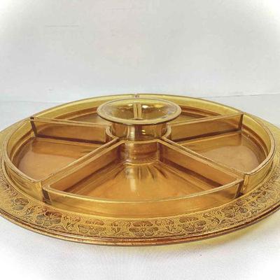 JEHA512 1920s Gilded Amber Glass Crudités 7 Piece Serving Set	Amber platter with 6 individual, removable sections and one small bowl in...