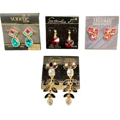 ALSH501 4 Pairs Quality Costume Earrings	Studio J red hearts with gold tone, surgical steel posts. Vonelle multi-colored Swarovski full...