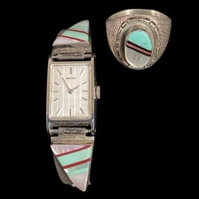 LYZE536 Men’s Zuni Ring And Woman’s Sterling Silver Seiko Watch	Zuni ring is not stamped. Watch is stamped Sterling, and mother of pearl...