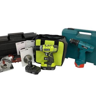 DEJE602 Ryobi, Makita And Platinum Assortment	This lot includes a Platinum RotoRazer Saw Rz200 with additional blades, Makita 6227D with...