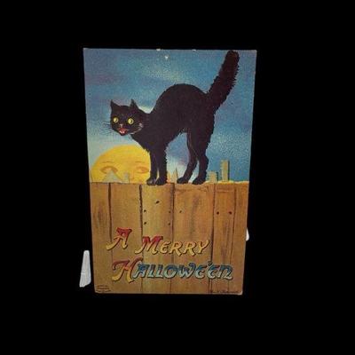 KIHE908 Victorian, Halloween, Black Cat On Fence, Blank Postcard	Vibrant colors, repousse texture. Printed in Germany and still blank...