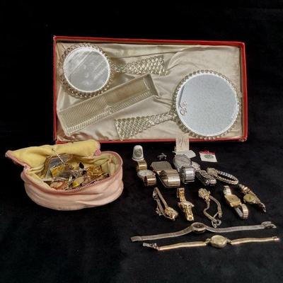 SAAL901 Vintage Morlee Lucite Vanity Set And Vintage Jewelry	Three piece dressing table sent in original box. Collection of miscellaneous...