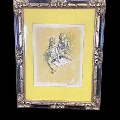 ROHU524 Frank Palmieri “Children Reading” Signed And Numbered	Portrayed with sketchy black delineations and yellow pigment. Gold frame...