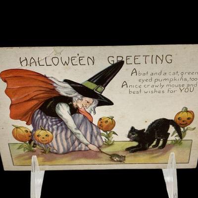 KIHE907 Antique Victorian Witch & Black Cat Halloween Postcard	Adorable Halloween Greeting repousse blank postcard. 
